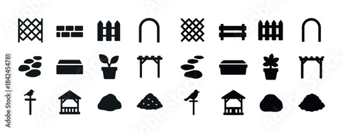 Garden elements icons set: fences, arches, plants, and birdhouse