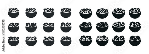 Black and white icon set of various food bowls in minimalist sty