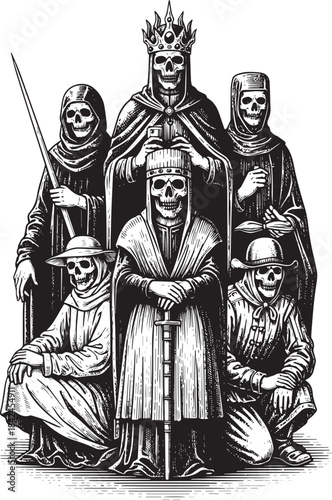 Engraved depiction of grim reapers in royal garbs wielding staff