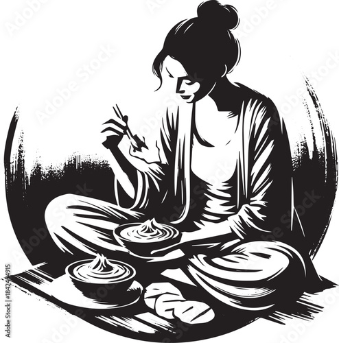 Minimalist monochrome illustration of woman dipping pita in baba
