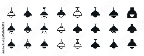 Minimalist hanging lamp icons set: diverse ceiling light silhoue