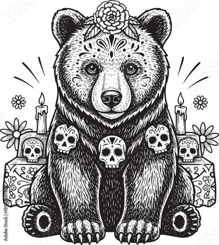 Engraved Bear with Floral Crown and Sugar Skulls for Dia de Muer