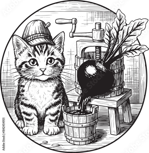Charming engraved Illustration of a Cat, Beet Juice Press, and R