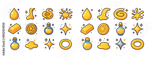 Cartoon gold elements: stars, potions, coins, bars, drops, splas