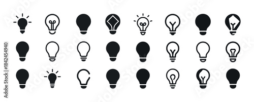 Collection of light bulb icons in various styles and designs