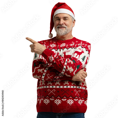 Merry mature man wear knitted christmas sweater Santa hat presenting something on transparent background. New year shopping idea concept. New Year 2026 Christmas