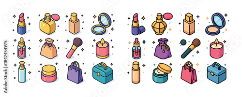 Colorful cosmetic icons collection: lipstick, perfume, compact,