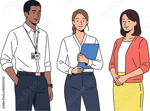 Three diverse people in business attire standing together on white background woman