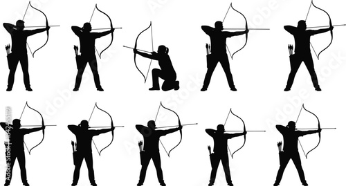 Ten black silhouettes of archers aiming bows and arrows on white background archery