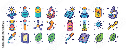 Colorful science icons: laboratory equipment and renewable energ