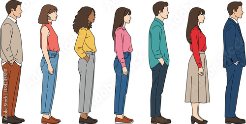 Six diverse people standing in profile view wearing casual and business attire woman