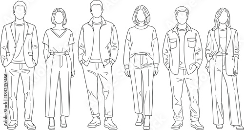 Six faceless figures in casual and business casual attire standing in a line drawing