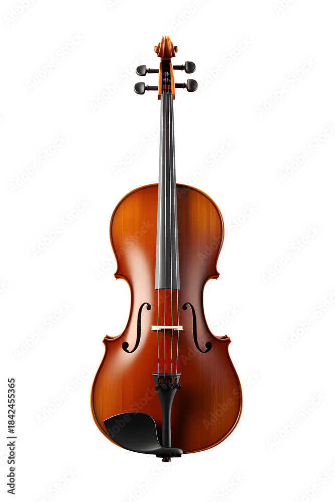Fototapeta premium Concert cello with deep brown polished wood, elegant curves, metal strings reflecting light, bow leaning against the body, Isolated to Transparent Background