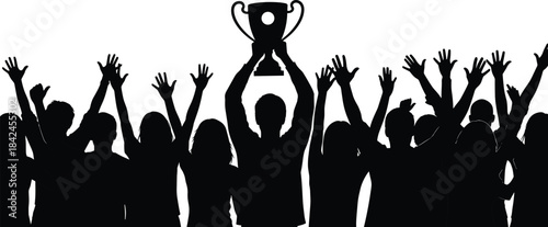 Silhouette crowd celebrating holding up trophy with raised hands people celebration
