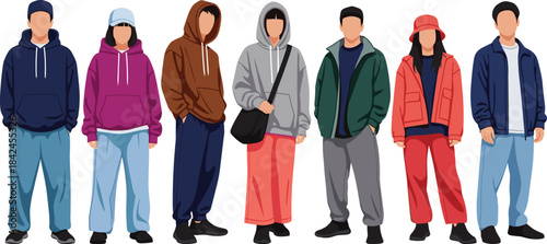 Seven faceless people in casual modern clothing standing in a line group