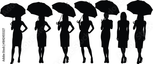 Seven black silhouette women holding umbrellas in various poses woman