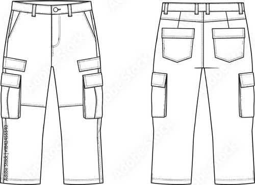 Front and back view flat sketch of cargo pants with multiple pockets trousers clothing