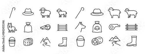 Shepherd icons collection: tools, animals, and apparel in outlin