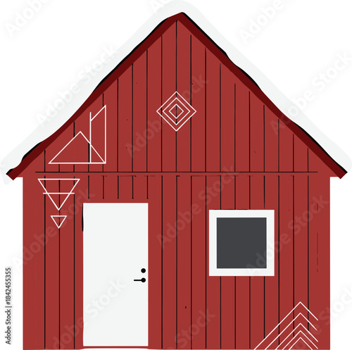 Red wooden cabin with white geometric symbols and snow on roof house