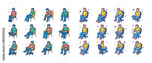 Male sitting postures and positions: chair, floor, relaxed, focu