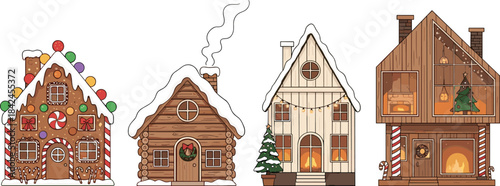 Four cartoon winter houses decorated for Christmas with snow and lights gingerbread