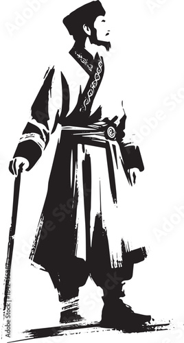 Kyrgyz man in traditional dress rendered in expressive sumi-e br