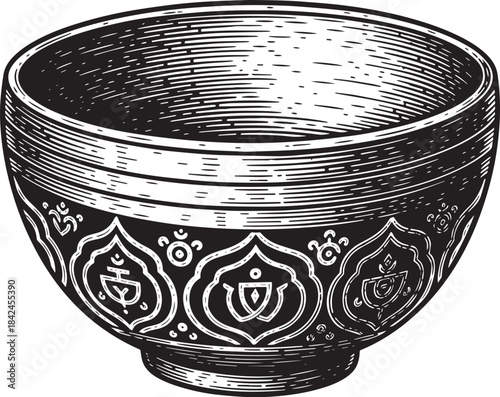 Engraved illustration of a ornate singing bowl, vintage spiritua