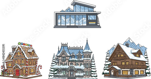 Four distinct winter houses including a gingerbread house and modern architecture