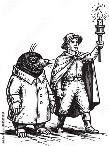 A whimsical engraved illustration of a mole and a person on an a