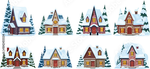 Eight cozy snow covered houses with warm lit windows and pine trees home cottage