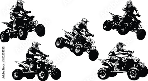 Five black silhouette quad bike riders in action on white background black and white