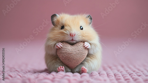 Hamster holding a cute knitted heart, conveying love and valentine's day feelings on a soft pink knitted blanket, offering a sweet message of affection and animal pet care