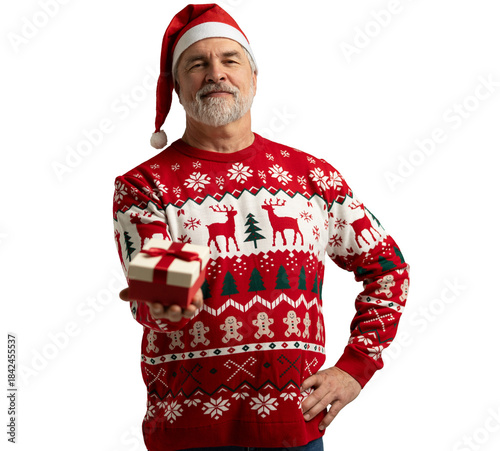 Merry mature man wear red warm knitted sweater Santa hat holding present box isolated on transparent background New Year 2026 holiday concept
