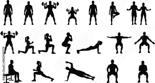 Diverse group of people performing various fitness exercises in silhouette workout
