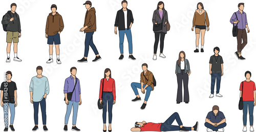Diverse group of young adults in casual clothing standing and sitting people male