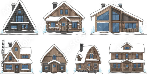 Collection of seven rustic wooden cabins covered in snow with icicles house winter