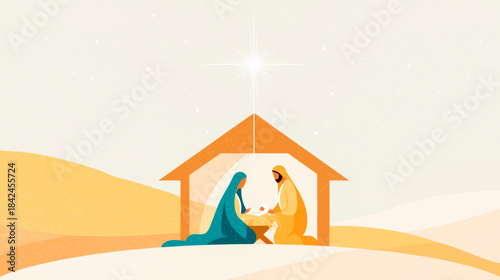 Minimalist illustration representing Nativity scene in Bethlehem. Christmas design of holy family baby Jesus with Joseph and Mary.