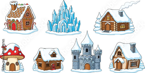 Collection of whimsical winter buildings and ice crystals snow house