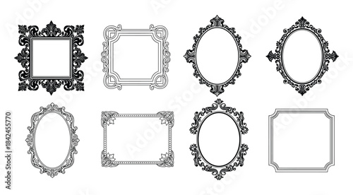 Collection of eight ornate black and white decorative frames and borders vintage