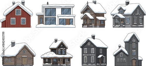 Collection of eight diverse winter houses covered in snow home building