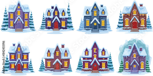 Collection of eight colorful cartoon houses covered in snow with lit windows and evergreen trees