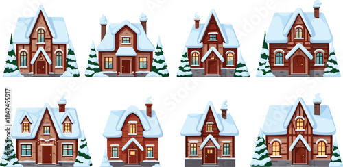 Collection of eight cartoon winter houses with snow covered roofs and trees vector