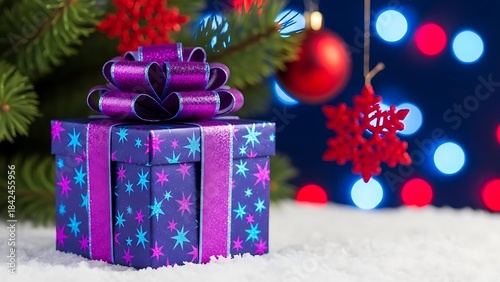 Festive purple gift box with bow under christmas tree bokeh lights