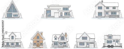 Collection of Diverse House Styles in Winter Snow Scenes home building