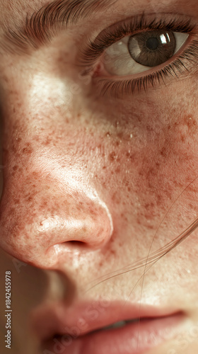 Close up macro shot of woman face details. Beautiful girl with pretty features. Young woman looking into camera.