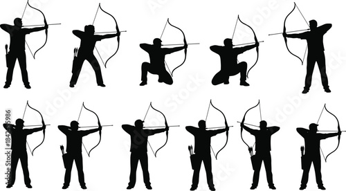 Collection of black silhouettes of archers aiming and shooting bows and arrows archery