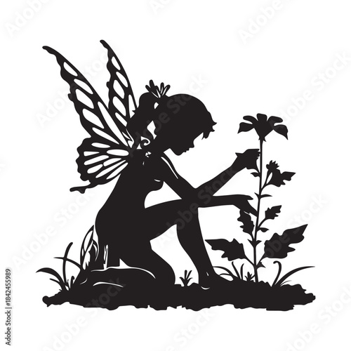 silhouette of a happy fairy girl with a flower