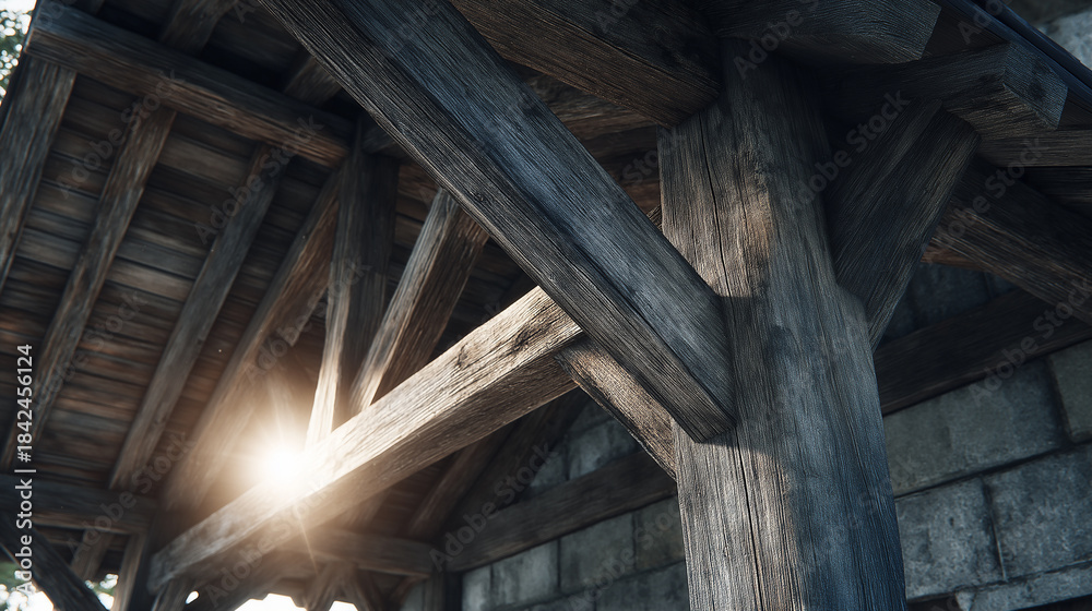 Fototapeta premium Close-up view of a rustic wooden structure with intricate beams and sunlight filtering through, showcasing craftsmanship and natural beauty.