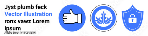Social media, security, user interface, branding, nature, online platforms. Three circular symbols including a thumbs up, floral design and shield with lock. Social media and security concepts