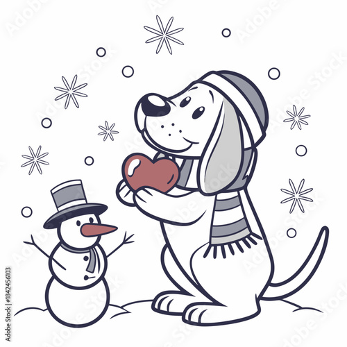 Playful expression on a Bloodhound in a Winter theme, with holding a heart – Winter Wonderland vector art